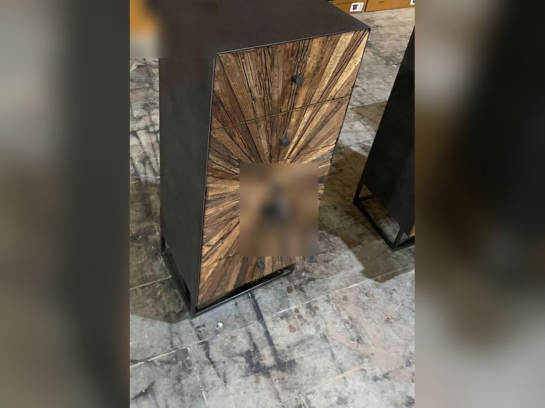 Wood and iron drawer unit recorded at a pre-shipment inspection in Jodhpur, where it tipped forward with all drawers open.