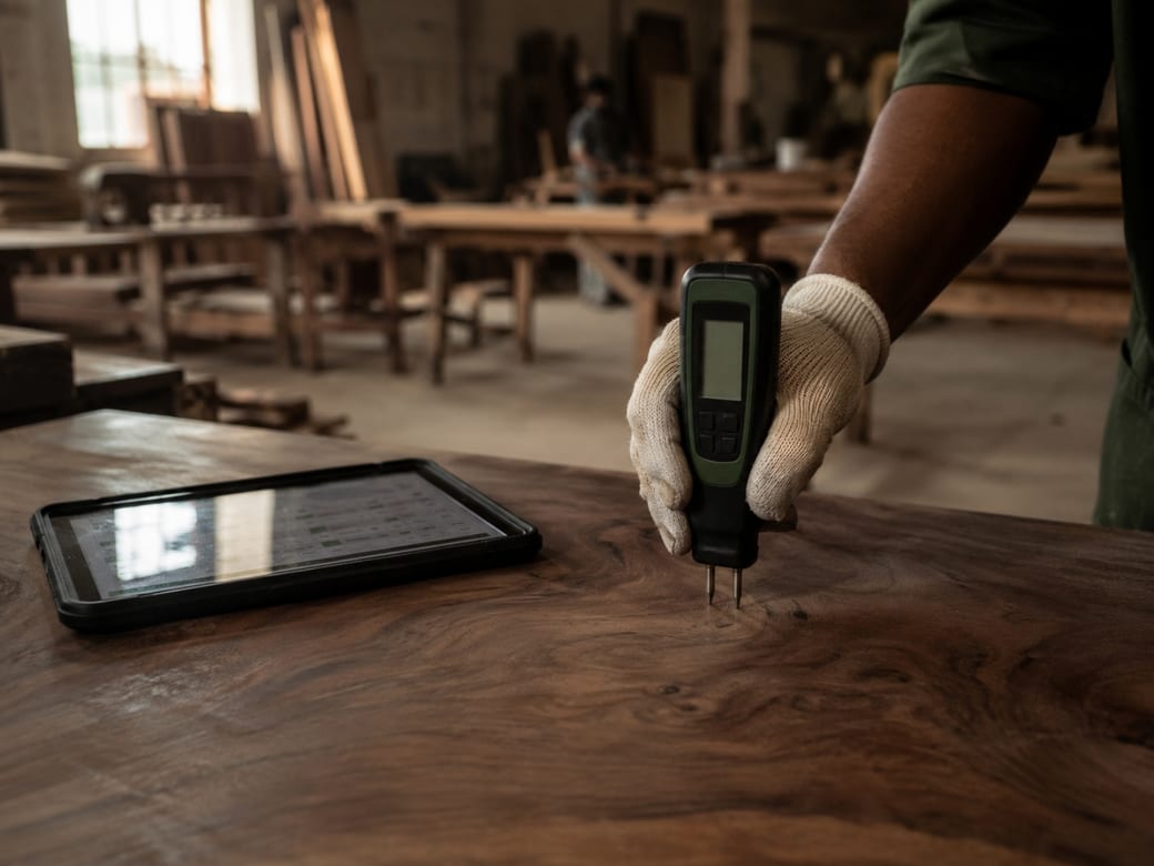 Your inspector mid-inspection in a Jodhpur factory: gloved hand pressing a pin-type moisture meter into a sheesham tabletop, tablet with checklist visible, natural window light, workshop softly blurred behind.