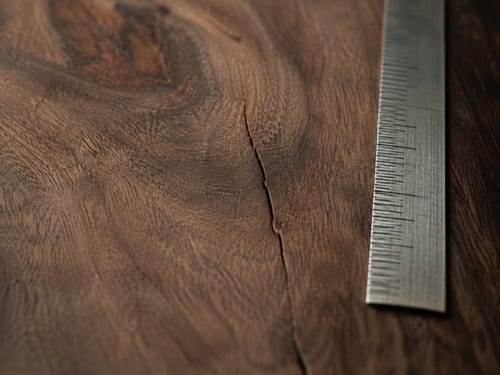 Macro: hairline crack running along sheesham tabletop grain, raking side-light to show depth, steel rule laid beside it for scale.
