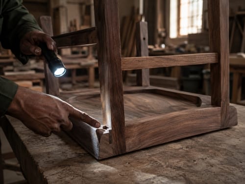 Underside of a chair flipped on a workbench: open mortise-and-tenon joint with visible gap, inspector's finger pointing, torch light.