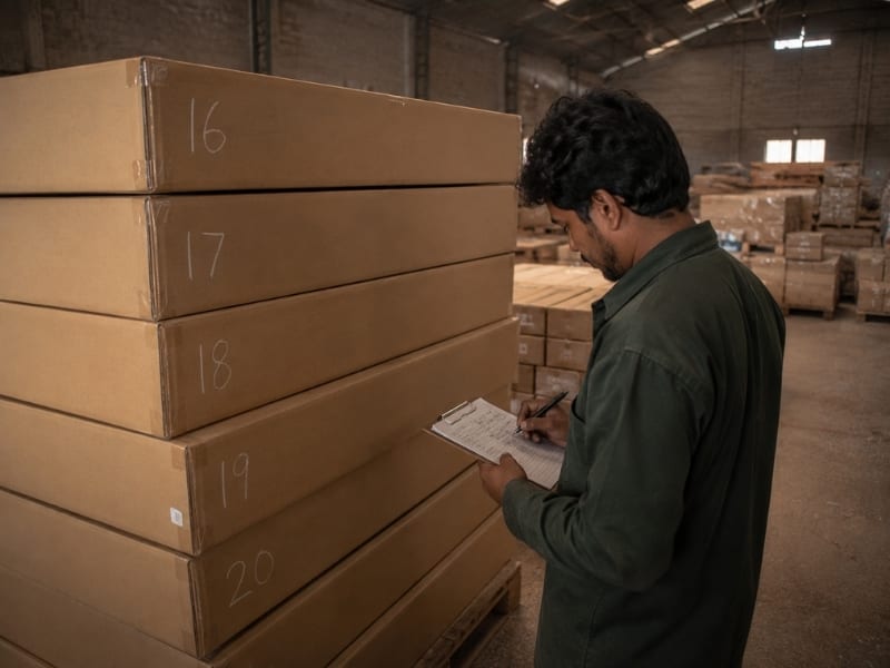 Warehouse stack of brown cartons being tally-counted, inspector with clipboard in frame, carton count chalked on end panels.