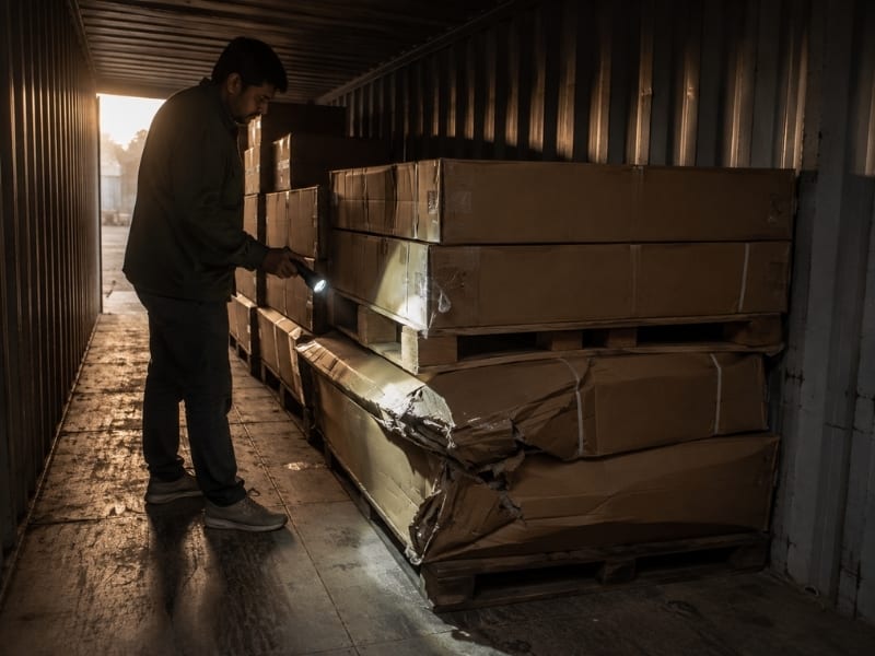 Inside an open 40ft container at dawn: crushed bottom-tier carton under a badly stacked load, inspector's torch beam on the damage.
