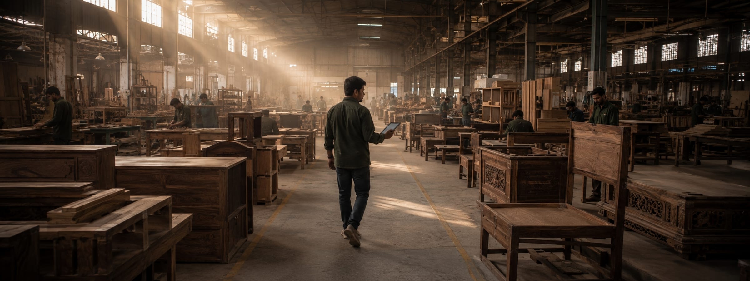 Wide establishing shot inside a working Jodhpur furniture factory: rows of carved sheesham pieces in progress, craftsmen working, dust in shafts of morning light, your inspector walking the line with a tablet — the one image that proves "we are actually here".