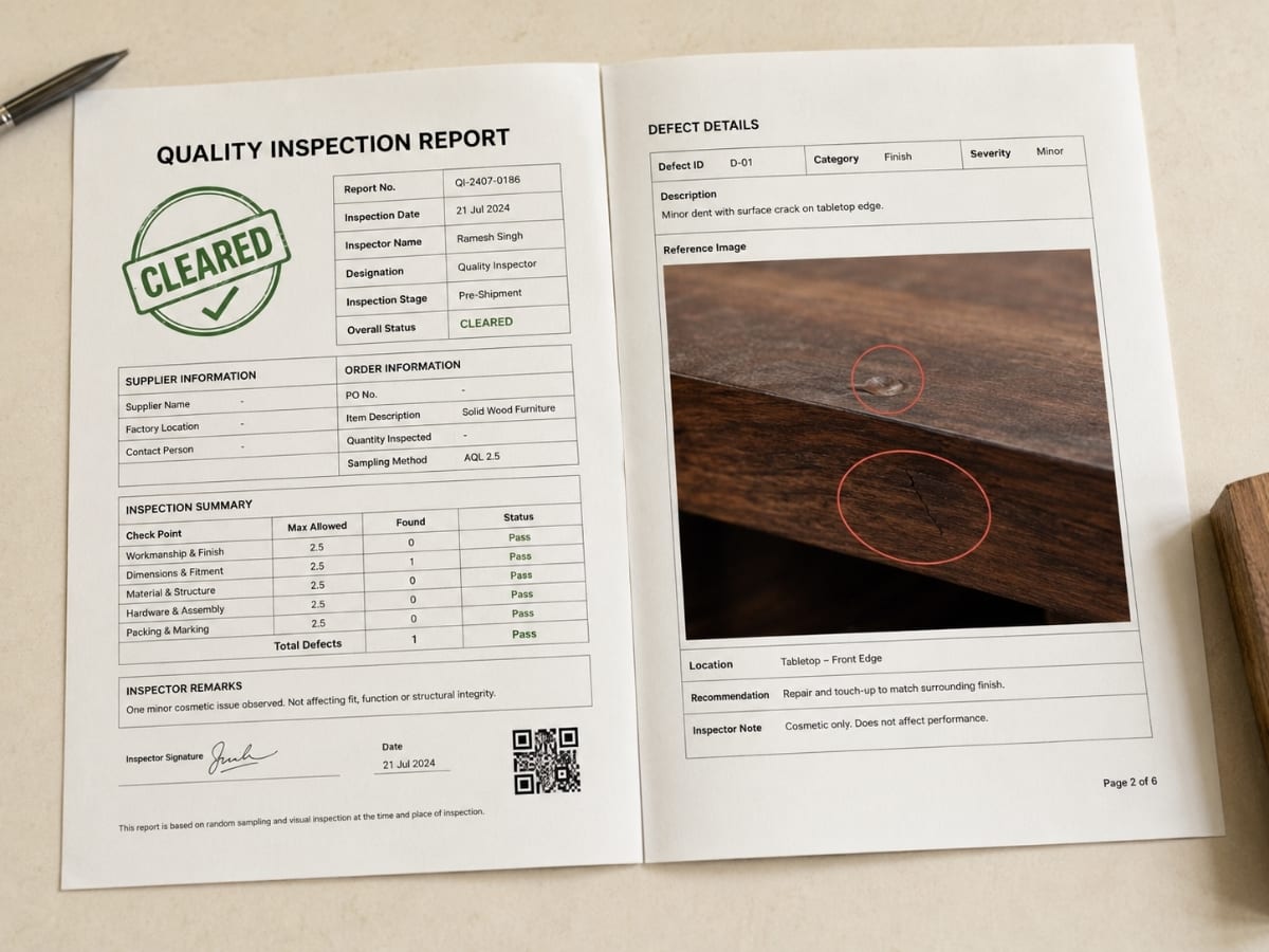 Flat-lay of the printed Qualis report: cover page with green CLEARED badge and a spread showing an annotated defect photo page.