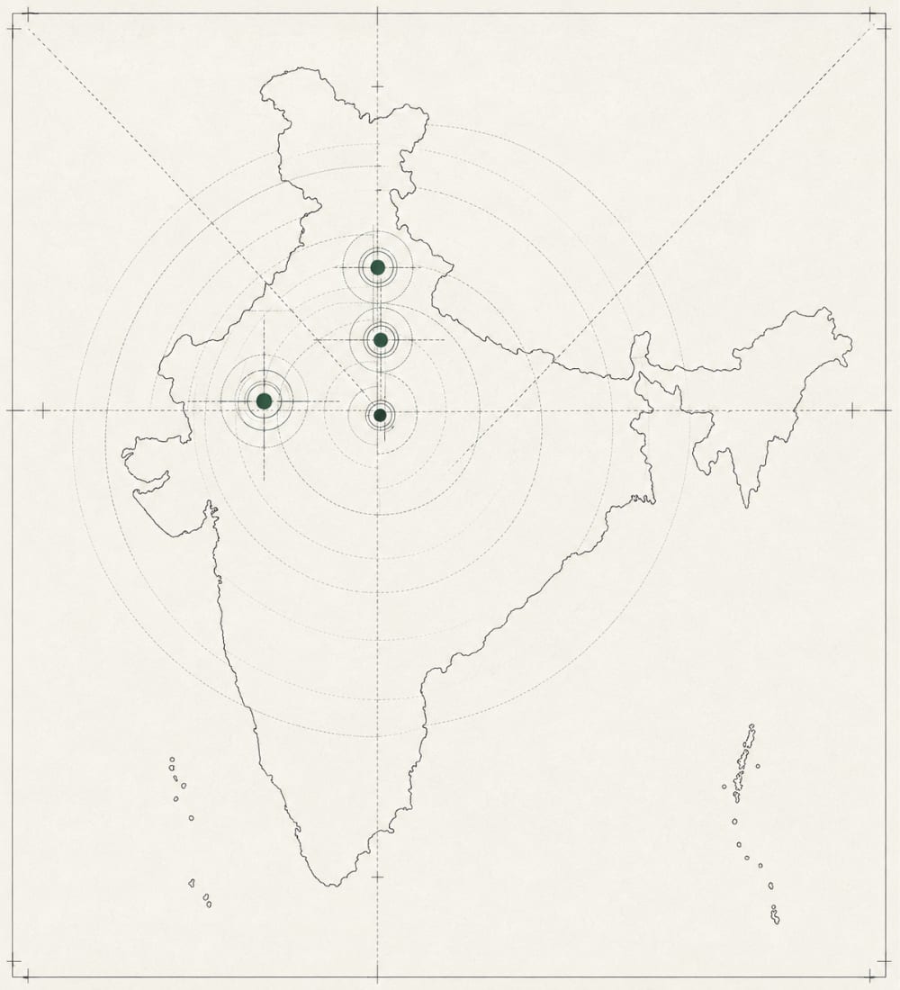 Thin-line blueprint-style map of India on paper background: green location pins on Jodhpur (largest), Jaipur, Saharanpur, Moradabad, Delhi NCR, Kolkata; dashed response-radius rings around Jodhpur; mono labels.