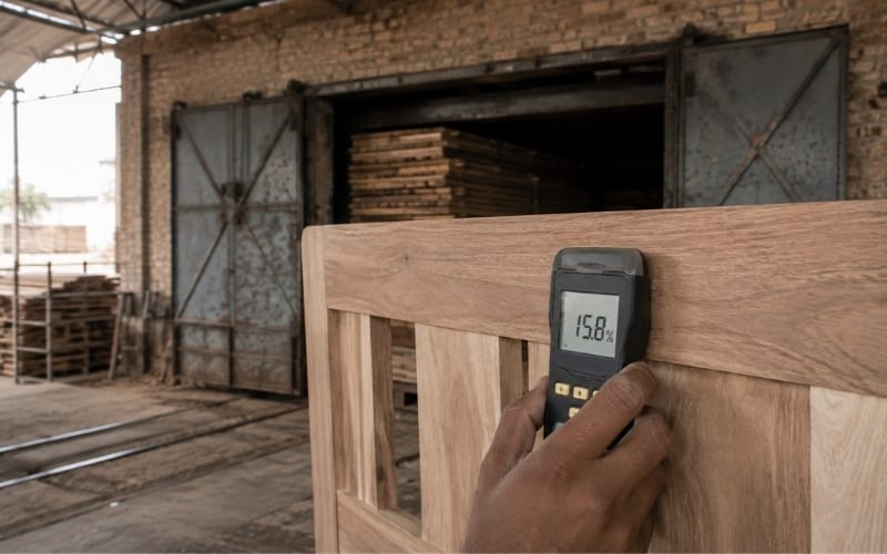 Moisture meter reading 15.8% on an unfinished bed headboard, kiln in background.