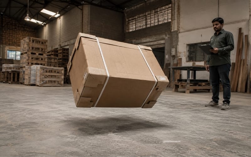 Carton mid-drop-test above concrete floor; corner protection visible; before/after diptych acceptable.