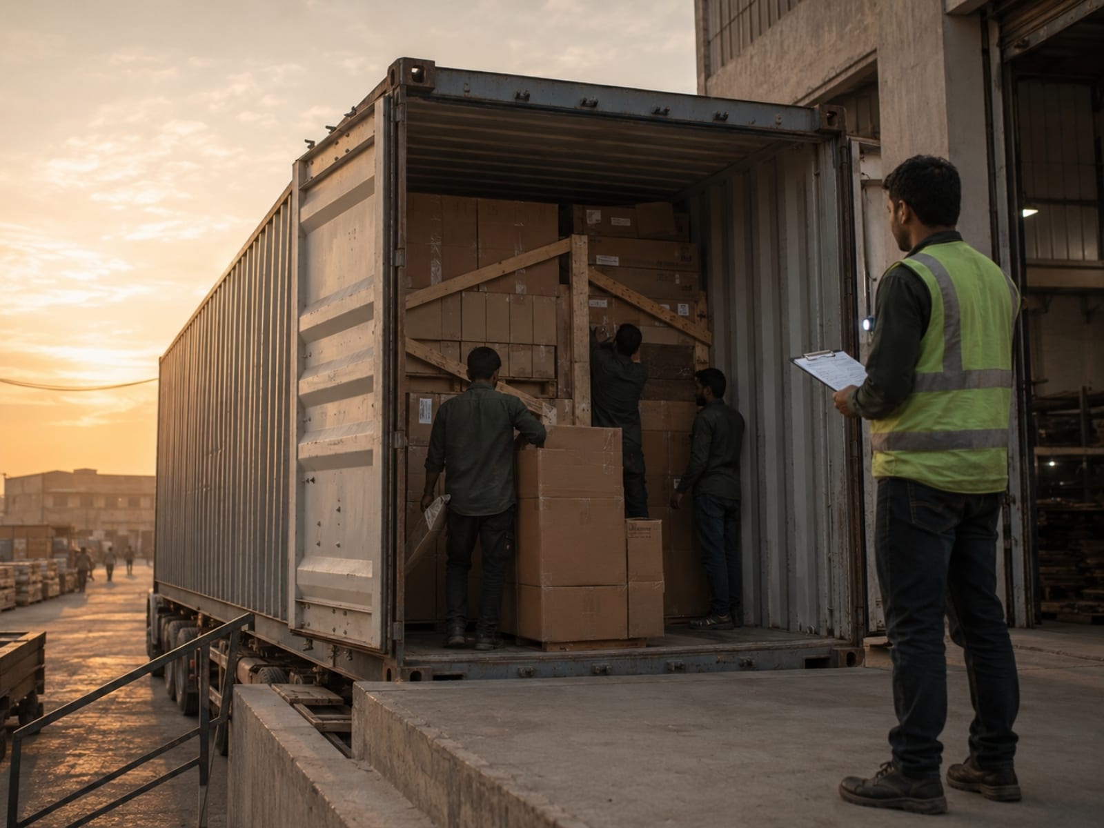 A 40ft container backed to a factory ramp at first light, doors open, half-loaded with braced furniture cartons; your inspector at the door with tally sheet, hi-vis vest, torch clipped to chest.