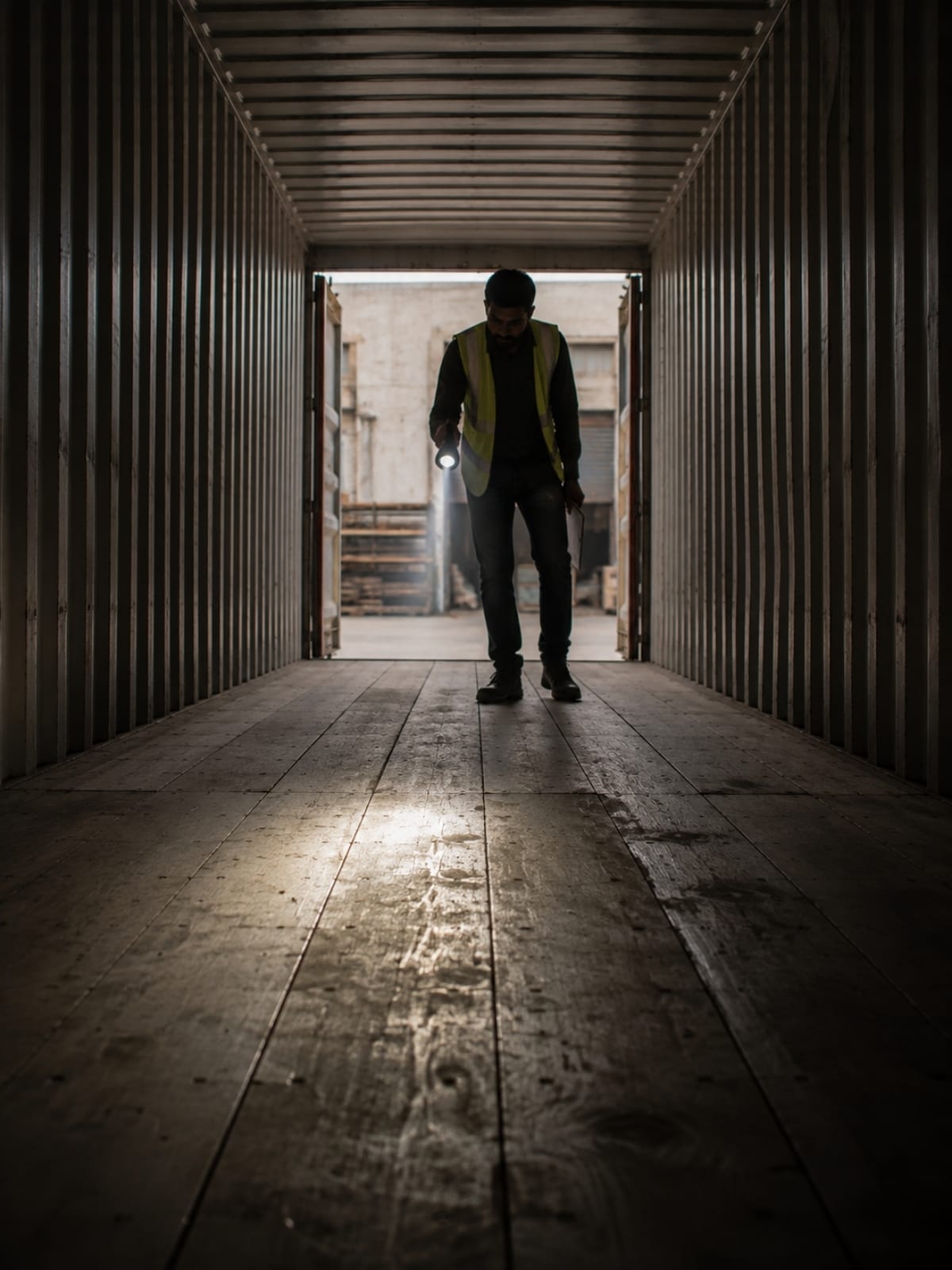 Inside the empty container before loading: inspector's torch beam raking across the floor, checking for wet patches and nails; wall corrugations receding to the door's bright rectangle.