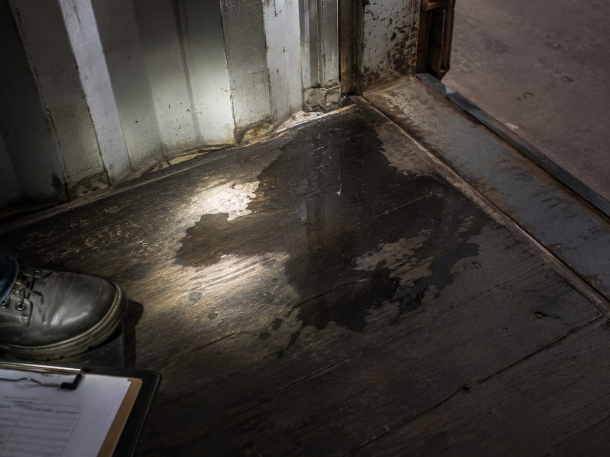Torch-lit container floor with a visible dark wet patch spreading from the door end, inspector's boot and tally clipboard at frame edge for scale.