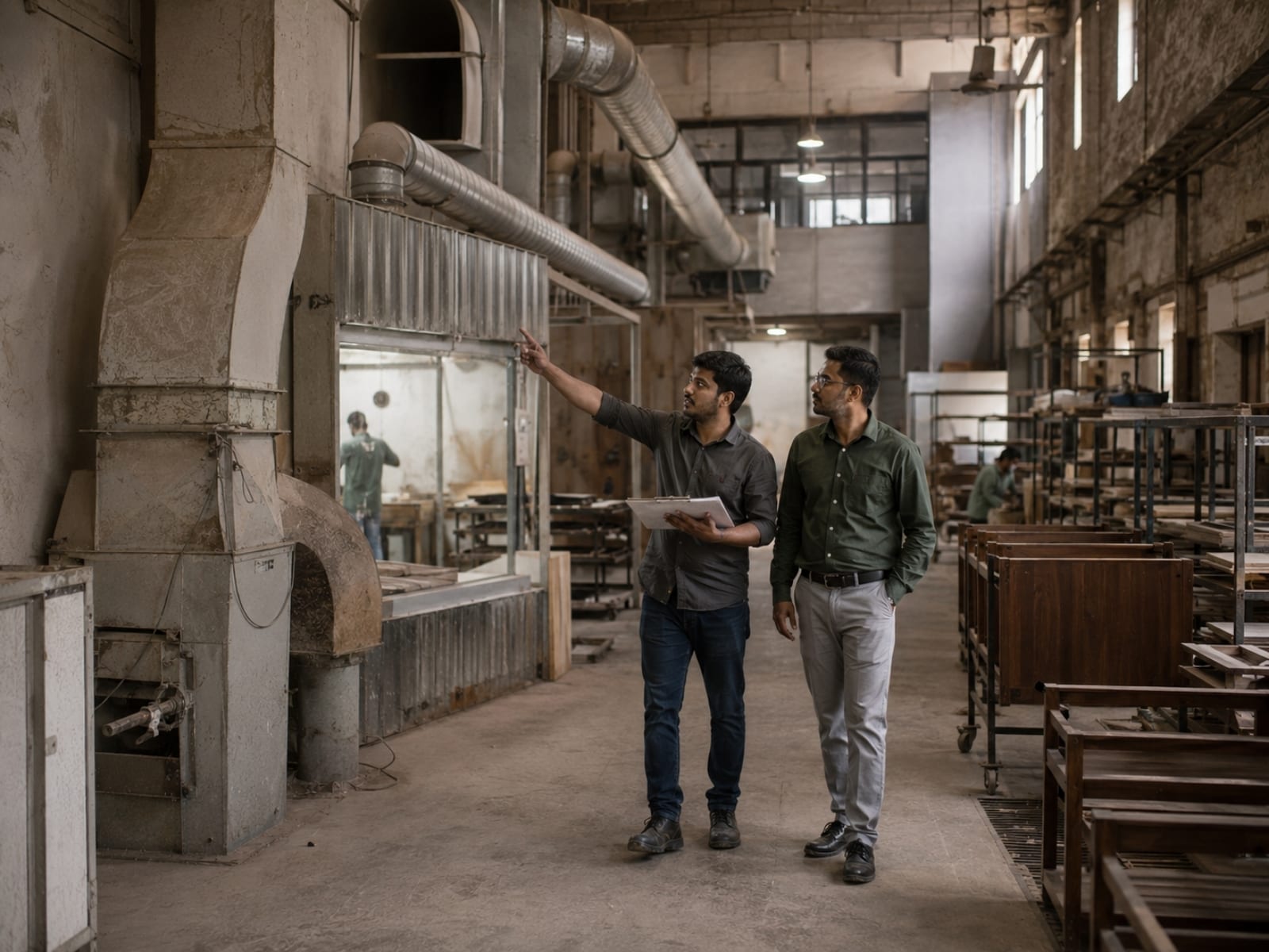 Auditor and factory production manager walking the finishing line together, auditor pointing at a spray booth with clipboard in hand, extraction ducting and racked panels visible.
