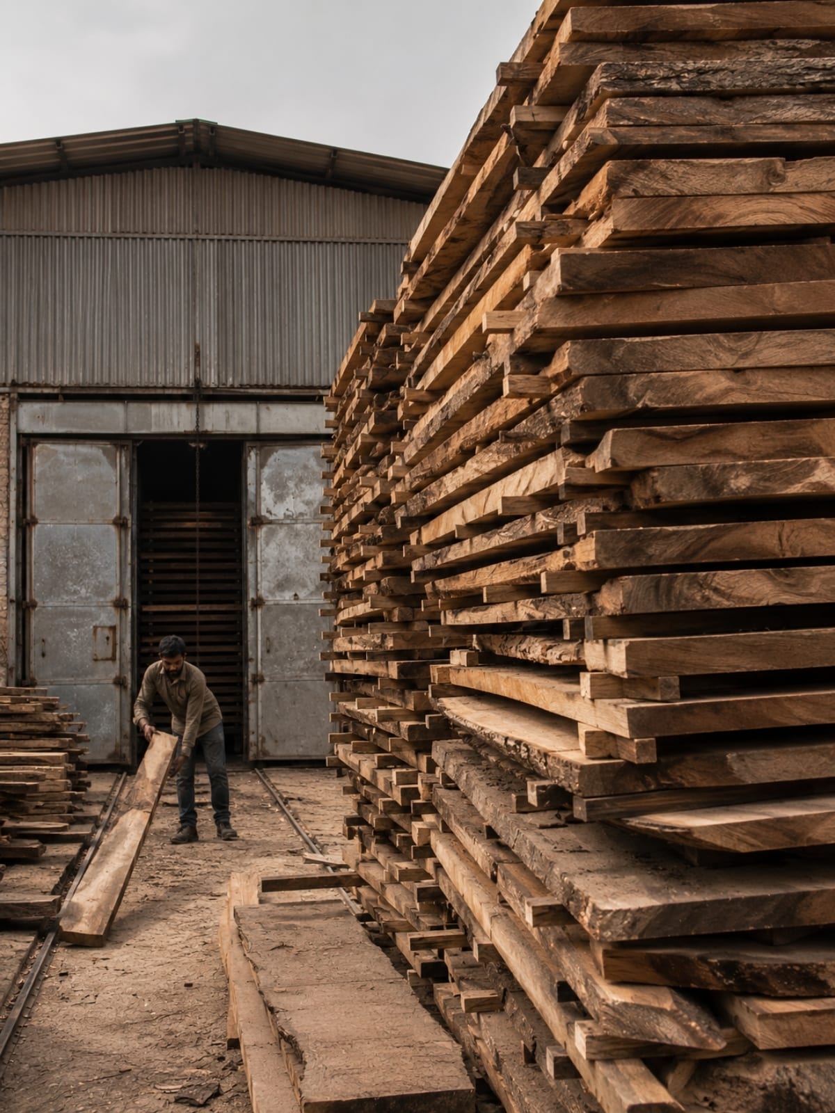 Timber yard: tall stacks of rough-sawn sheesham air-drying with spacer sticks between boards, a worker moving planks, kiln doorway visible.