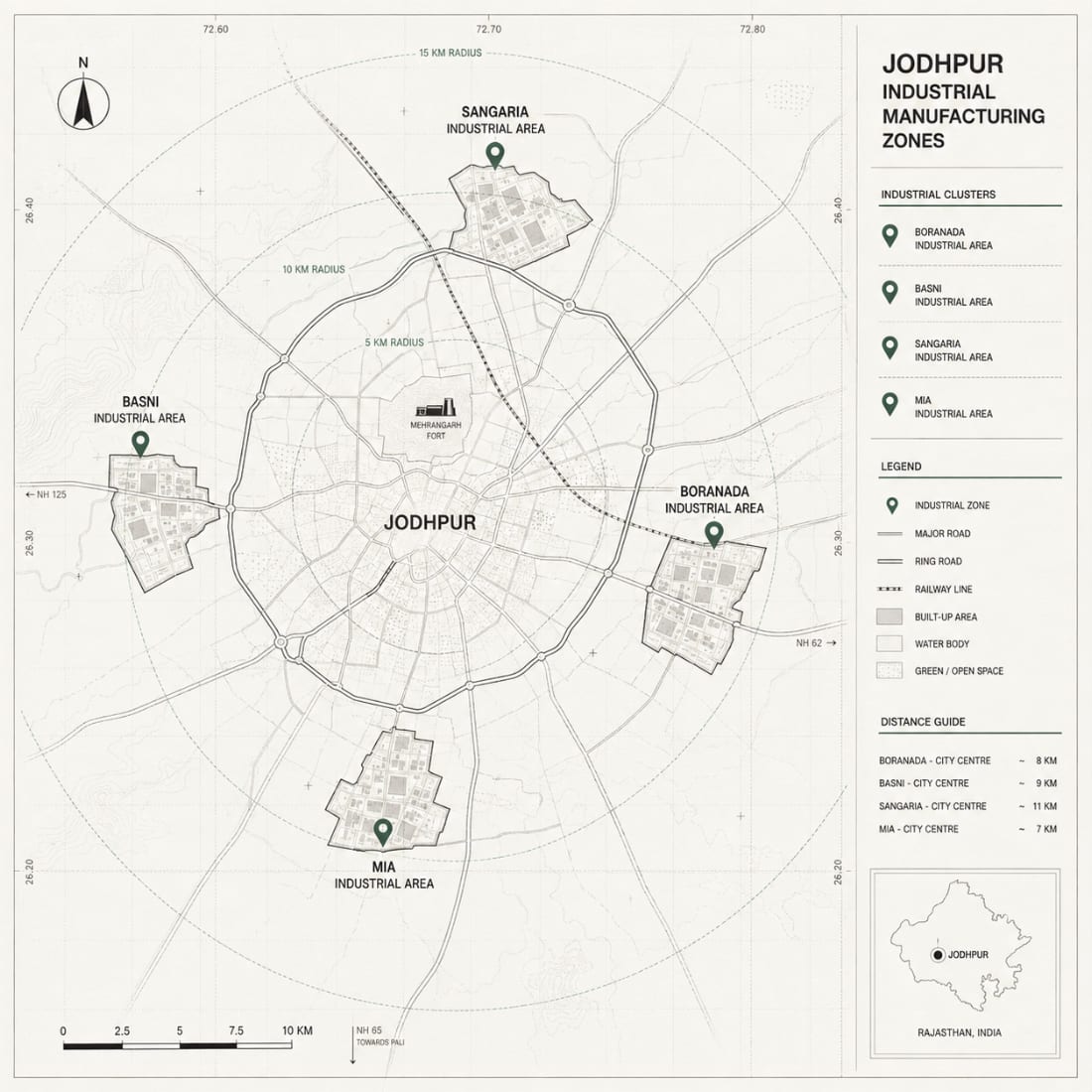 Thin-line blueprint map of Jodhpur city: Qualis HQ pin in green, dashed drive-time rings, mono labels on Boranada/EPIP, Basni, Sangariya, Salawas Road, ICD (inland container depot) marked with a container glyph.