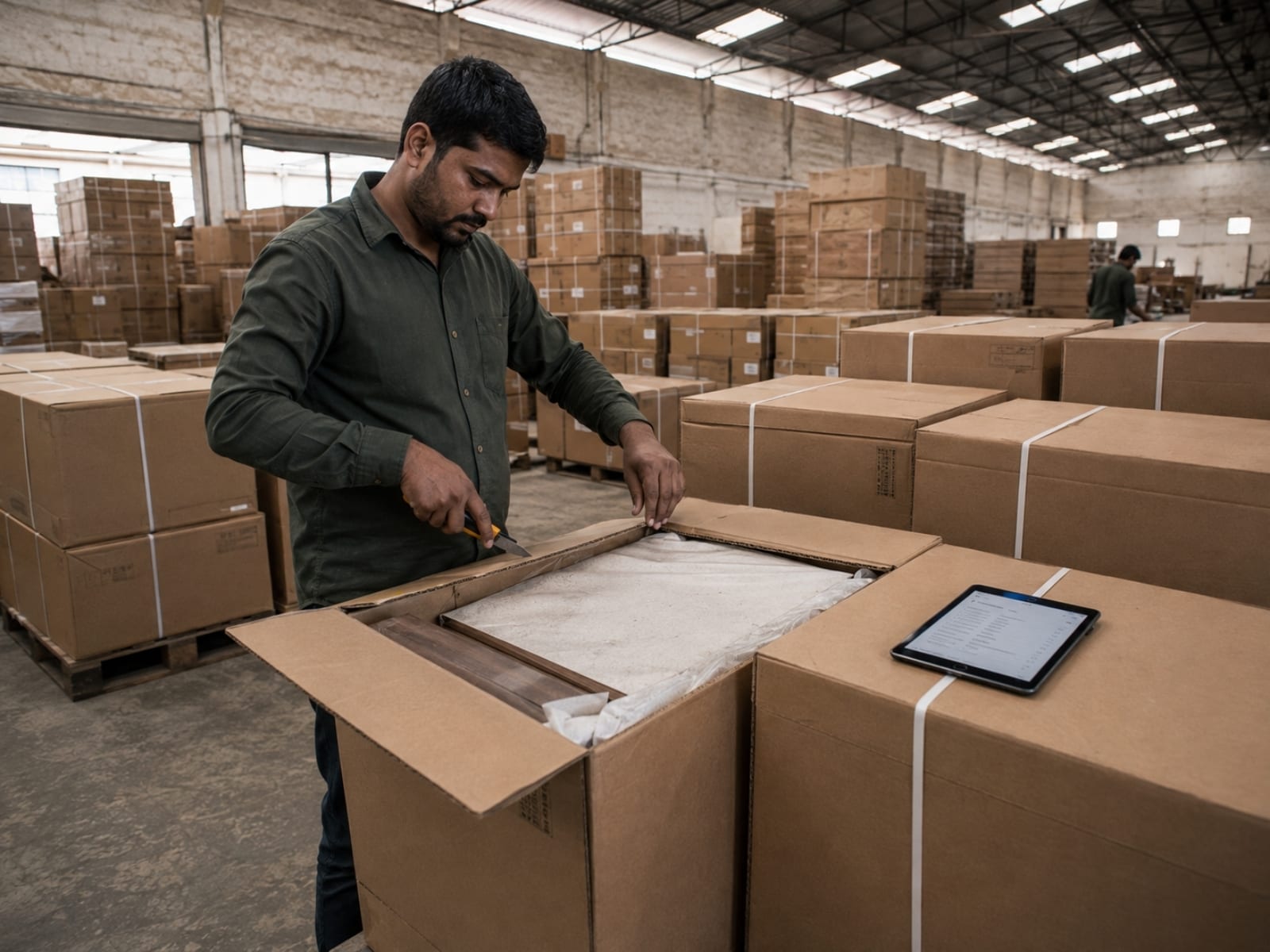 Inspector at a packed-goods staging area: opening a randomly selected carton from a tall stack, box cutter in hand, tablet resting on adjacent carton showing the checklist.
