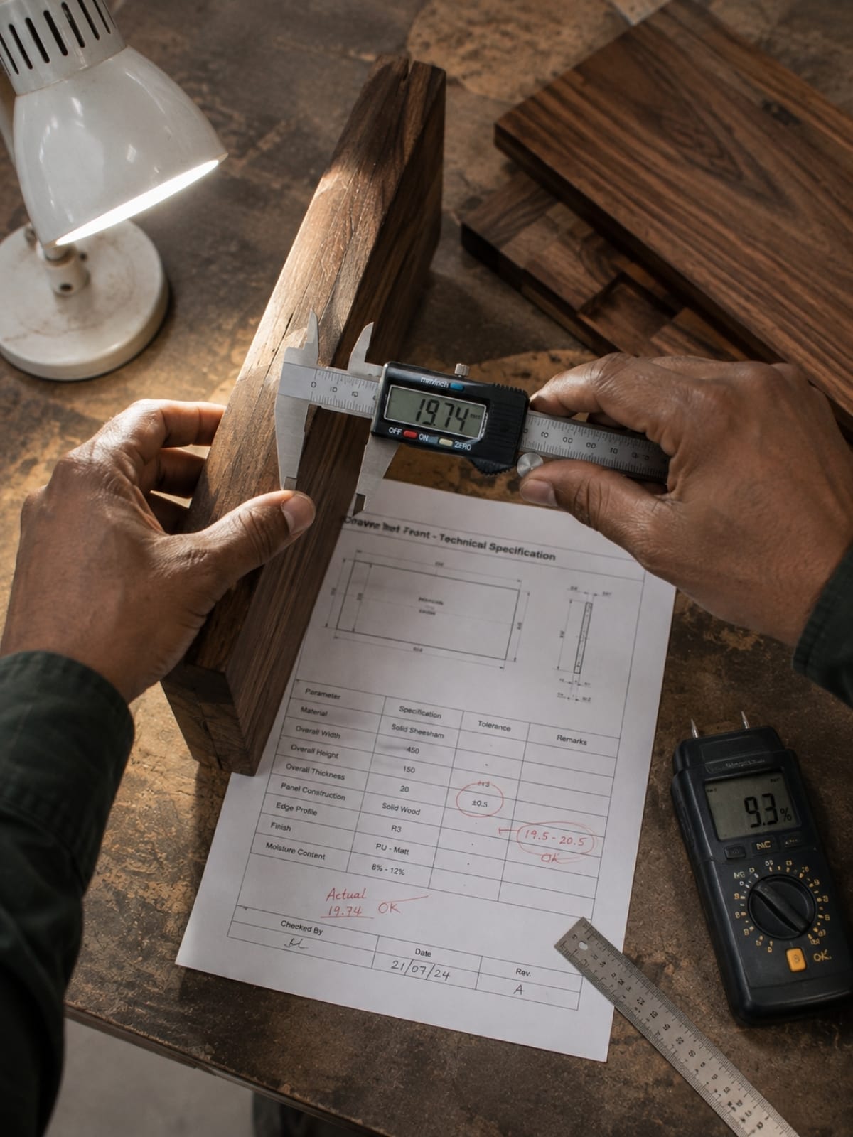 Vertical shot: digital calipers measuring a drawer-front thickness, spec sheet with red pen marks visible beneath, moisture meter and daylight lamp at frame edge — the inspector's bench mid-check.