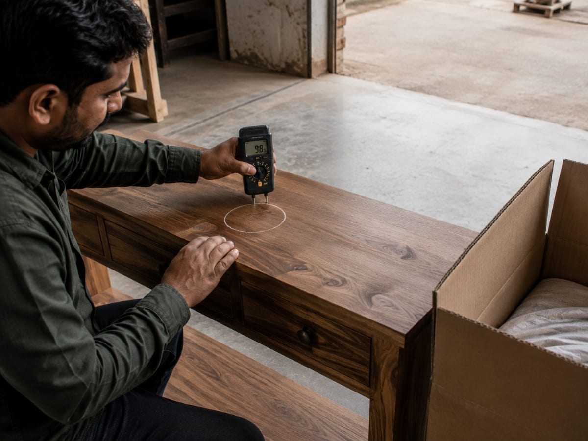 Real anonymised finding photo: moisture meter pins in a console-table top, display reading clearly visible, chalk circle around the test point, carton edge in frame proving packed-stage.