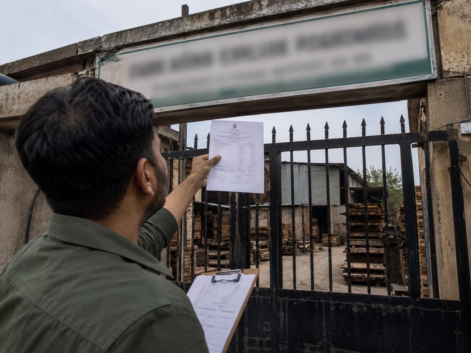 Inspector at a factory gate comparing a printed GST certificate against the unit's signboard, clipboard under arm, factory shed and stacked timber visible through the gate.
