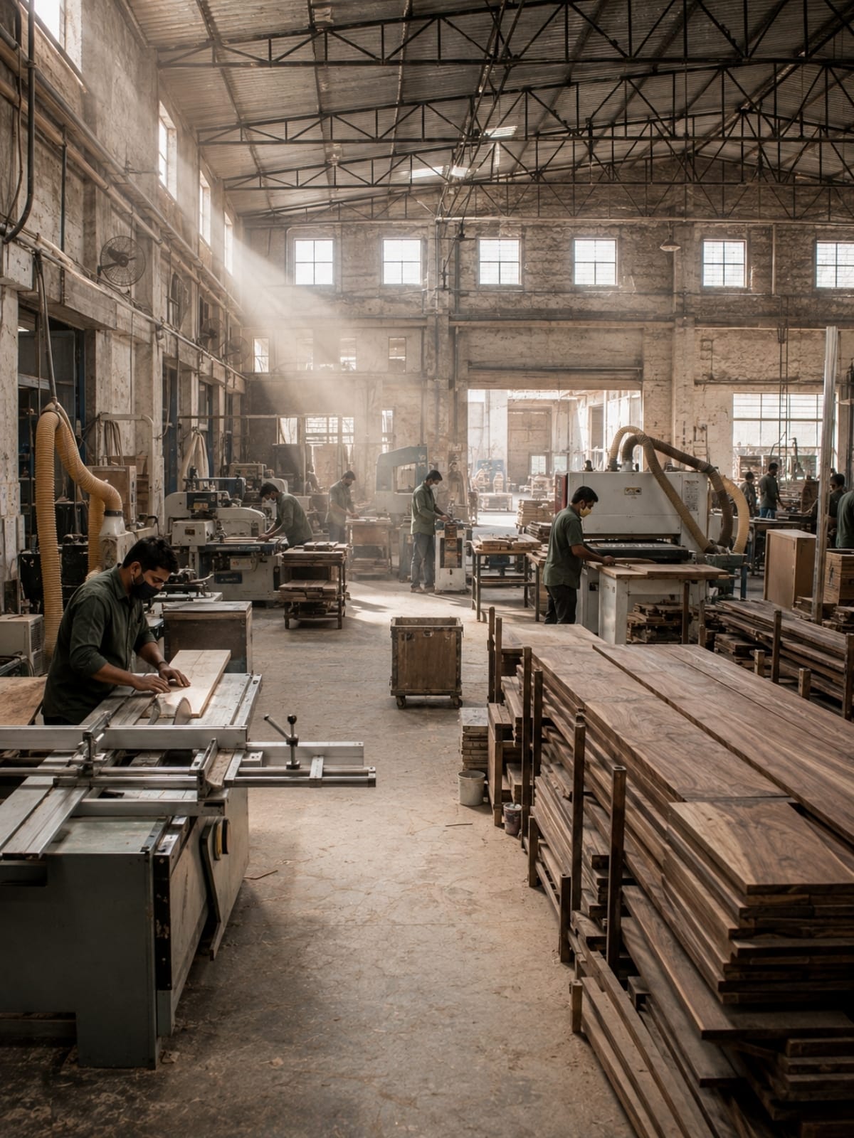 Vertical shot down a working machine hall: panel saw and sanding stations in use, timber stock racked to the right, workers mid-task — the visual definition of "real manufacturer".